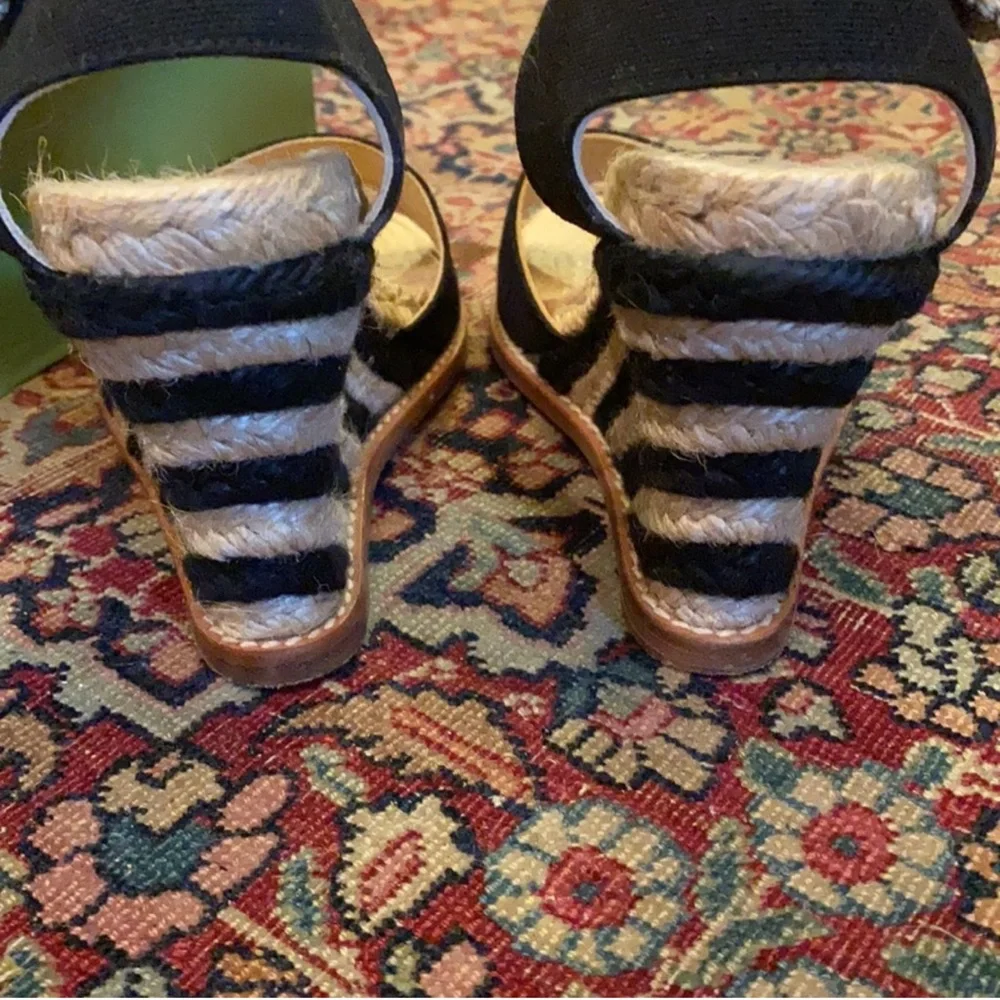 Vintage Kate Spade Grenada Black Canvas Espadrille  Tan Black Wedge Ankle Strap